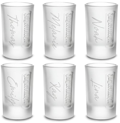GRAVURZEILE Gravierte Original Jägermeister Shotgläser - Personalisiert mit Name - Schnapsgläser für Jägermeister - Robustes Milchglas - Bar & Party Geschenkidee im 6er Set - 4 cl