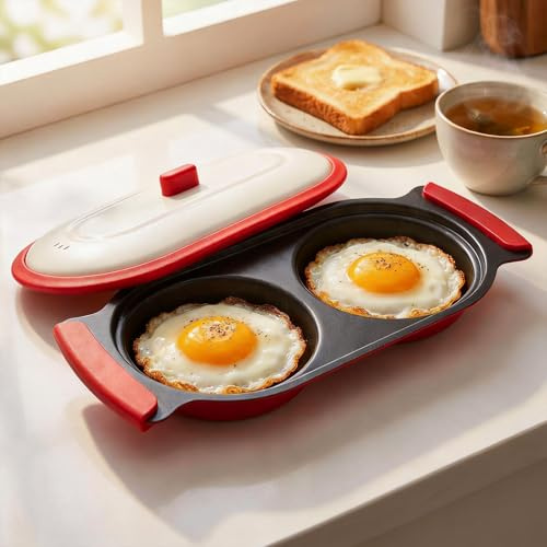 AHJ Microwave Egg Cooker,Multi-Use Microwave Egg Pan,Fast Breakfast Helper | Egg Poacher & 2-Egg Side Up Maker,Crispy Pan-Fried Taste in 4 Minutes, Non-Rubbery Eggs,Non-Stick,BPA-Free