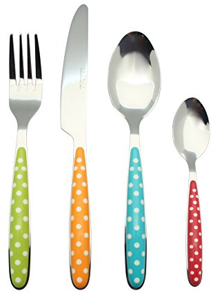 EXZACT Cutlery Set 24pcs Polka Dot Mixed Colours, Stainless Steel with Color Handles - 6 Forks, 6 Dinner Knives, 6 Dinner Spoons, 6 Teaspoons -Dishwasher Safe (Mixed Colour x 24)