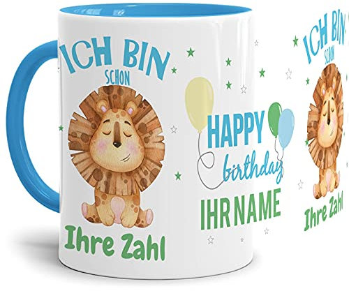 Tassendruck Tasse zum Geburtstag für Jungen mit süßem Tiermotiv Löwe - personalisierbar mit Name und Alter - Innen & Henkel Hellblau, hochwertige Keramik, 300 ml
