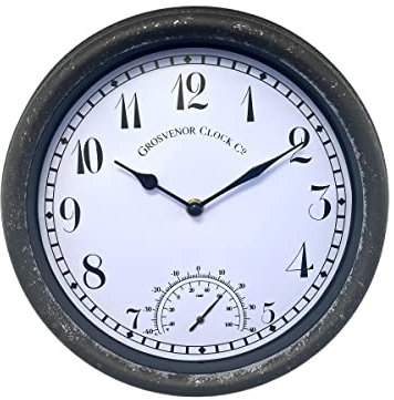 HH Home Hut Outdoor Garden Wall Clock Thermometer And Humidity Meter Rust Effect Ornament Weather Resistant Arabic Numbers 38cm