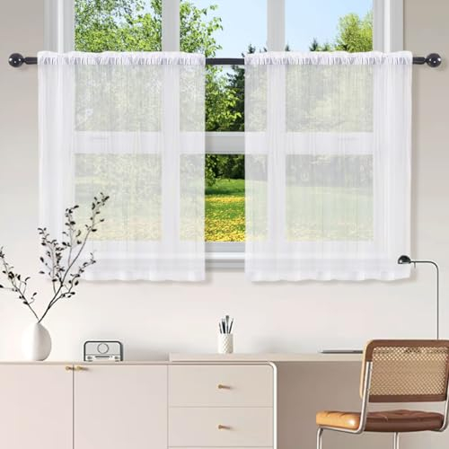 2 Pezzi Tende Corte per Finestre, 76 x 60 CM Traspirante a Vetro, Colore Puro da Bistrò, a Pacchetto per Cucina, Piccole Finestre, Bagno, Soggiorno, Bianche