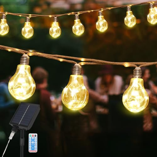 SALCAR Guirnalda Solar Exterior de Cuerda de Cáñamo Vintage, 10M 20 Bombillas LED Impermeable, 8 Modos Guirnalda Luminosa Outdoor para Árbol Terraza Patio Casa Decoración Boda, Blanco Cálido