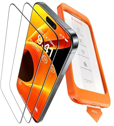 TORRAS für iPhone 16 Pro Panzerglas 9H+ Stoßfest Schutzglas, 2 Stück | iPhone 16 Pro Schutzfolie: Full Screen, Anti-Fingerabdruck, Auto-Montage, blasenfrei, präzise Passform, kompatibel mit Hülle.
