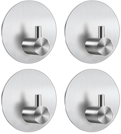Feligio Colgadores Adhesivos Resistentes de 4 Piezas, Ganchos Adhesivos para Pared, Colgador Toalla Baño Adhesivo de Acero Inoxidable 304, Sin Taladro, Plata, Para Baño y Cocina