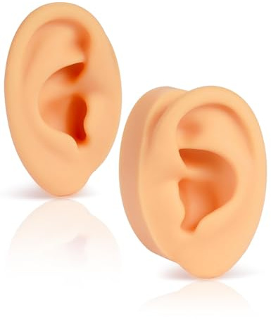 2 Pcs Soft Silicone Ear Model, Left and Right Flexible Fake Ear for Earrings Display, Realistic Ear Model for Piercing Practice, Acupuncture Teaching Tool (Medium Skin Tone)