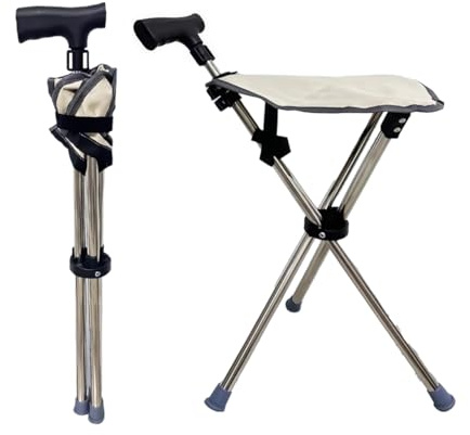 EVIYI Canne de marche avec siège, béquille pliable avec réglage télescopique de la hauteur, design à dégagement rapide (beige)