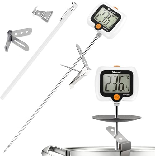 Digital Candy Thermometer with 180° Rotating LED Screen, 304 Stainless Steel Probe, Heat Shield, 2 Pot Clips, Accurate Sugar & Deep Fry Thermometer – White
