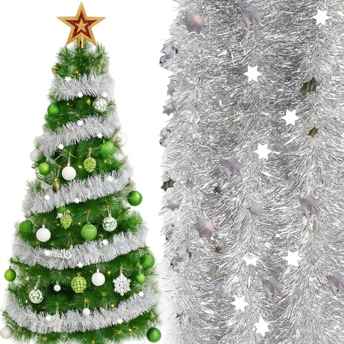 Christmas Tinsel 10 Pcs, Christmas Decorations, Xmas Tinsel Garland With Star For Xmas Tree Home Office Stairs Indoor Outdoor Xmas Party Decoration (Silver)
