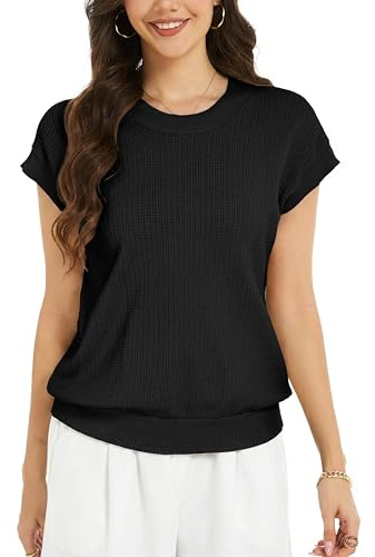 Camiseta de Punto Mujer Suéter Ligero Básico Jersey con Cuello Redondo Manga Corta Blusa Verano Elegante Moda Top Primavera Túnica Casual