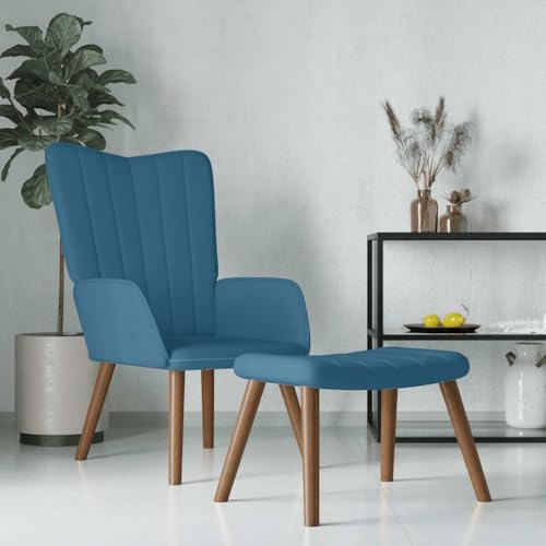 HBFDSFG Samt Sessel mit Hocker Blau, Armlehnstuhl mit vertikalen Nähten, Schaumstoff-Polsterung, Stahlrahmen und Holzbeinen, belastbar bis 110 kg pro Sitzplatz
