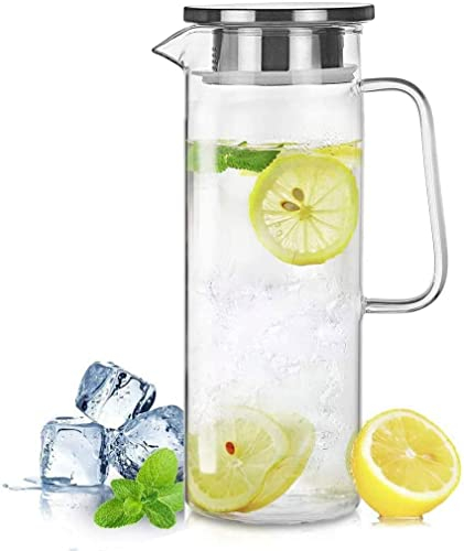 HwaGui Caraffa in Vetro con Coperchio in Acciaio Inossidabile, brocca d'Acqua per tè Freddo e Succo di Frutta 1,2L / 42oz