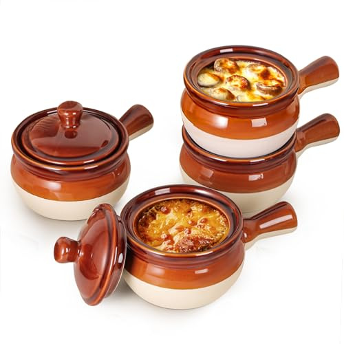 LIFVER French Onion Soup Bowls with Handles, 18 Ounce Ceramic French Onion Soup Bowls Oven Safe for Soup, Chili, Beef Stew, Cereal, Pot Pies, Set of 4