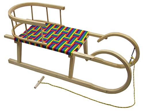Hörnerrodel 100 cm mit Rückenlehne & Gurtsitz bunt - Holzschlitten aus massivem Buchenholz - Hörnerschlitten Rodelschlitten für 2 Personen mit Zugseil & Stahlkufen - robust & langlebig