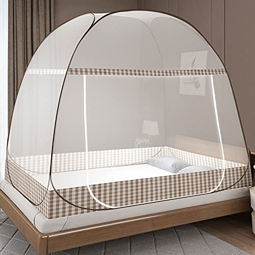 Moskitonetz Bett Pop Up, Faltbares Bett-Moskitonetz, Tragbares Reise-moskitonetz, Moskito-Campingzelt für Schlafzimmer Outdoor Camping, Einfache Installation, Feinmaschig (Braun, 200×145×120 cm)