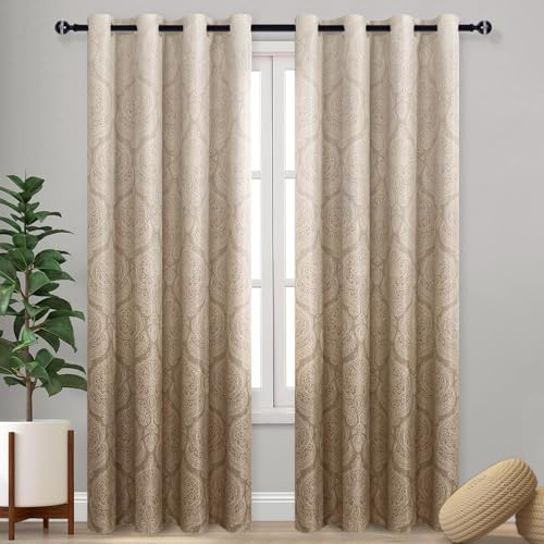 DWCN Verdunkelungsvorhänge für Schlafzimmer und Wohnzimmer, Damast Muster, Wärmeisolierend, energiesparend, Ösenschals für Wohnzimmer, 132 x 213 cm, Taupe, 2 Stück