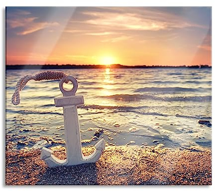 Anker am Ostseestrand im Sonnenuntergang Herdabdeckplatte & Spritzschutz aus Echtglas | Für Herd-Kochfelder | 60x52 cm