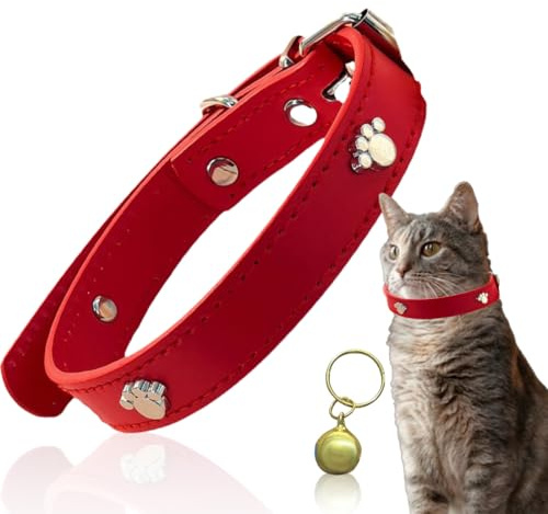 BDEPSTR Collare per gatti in pelle, collare di sicurezza per gatti con cinturino elastico, collare per gattino per gatto con campana con fibbia regolabile in materiale durevole
