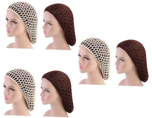 WRITWAA 6 StüCk Handgefertigte HäKel-NetzhüTe, Lange Schlafhaube, Haarschutz-NachtmüTze, Beige, Kaffee