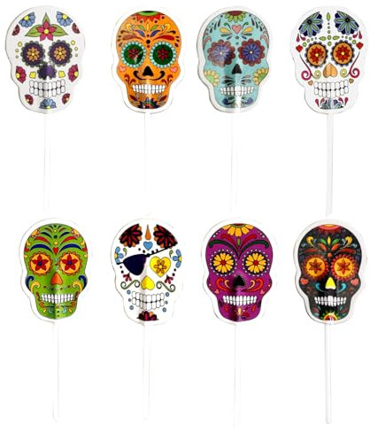 dekora - Halloween Cake Topper Calaveras Catrinas, 16 pinchos de papel para decorar cupcakes, muffins, tartas o pasteles, 8 diseños, 9x4,5cm, Decoración Fiesta Halloween, decoracion halloween mesa