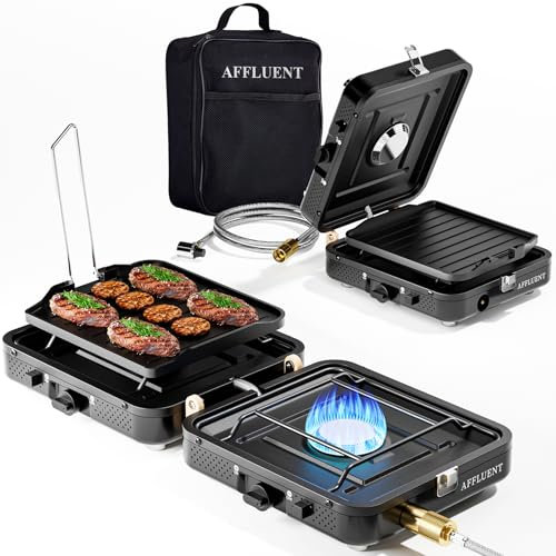 AFFLUENT 2 Burner Propane Camping Stove with Grill and Storage Bag- A Must - Have Camp Stove Propane! Foldable, Featuring Two Adjustable Burners Ideal Portable Camping Stove for Camping & BBQ.