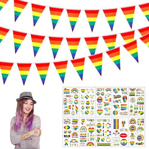 Banderines de Orgullo arcoíris, 8m Bandera del Orgullo Gay, Bandera LGTB Triangular Rainbow, 1 Bandera de 8 Metros, 10 Pegatinas, Colores Brillantes, Resistente a la Lluvia y el Viento