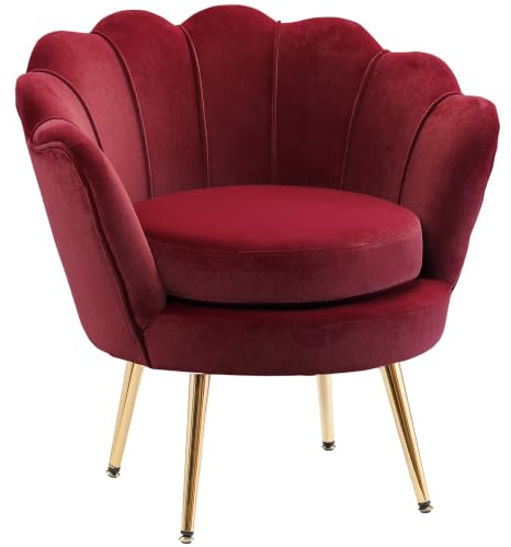 HOMCOM Sessel für Wohnzimmer, Sessel, Samt, Muschelsessel mit goldfarbenen Metallbeinen, für Schlafzimmer, 76 x 67 x 74 cm, Rot