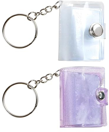 2 Pcs 1 Inch Mini Photo Album Keychain, Shiny Purple and White Small Photo Album with Each 16 Pockets Photo Storage, PVC Photocard Holder Keychain for Cards Pictures ID Photo