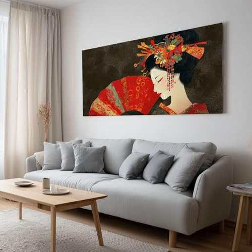 Lienzo decorativo para pared, diseño de geisha japonesa, pintura de tinta de anime, impresión en lienzo para dormitorio, oficina, hogar, sala de estar, decoración de pared (120 cm de largo x 60 cm de