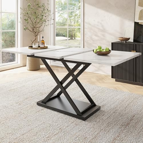 Merax Esstisch Ausziehbar 120-160 cm, Industrieller Küchentische Esszimmertisch, Rechteckiger Tischplatte für 6-8 Personen, Holztisch mit Metallbeinen, Tisch für Esszimmer, Küche, Wohnzimmer, Marmor