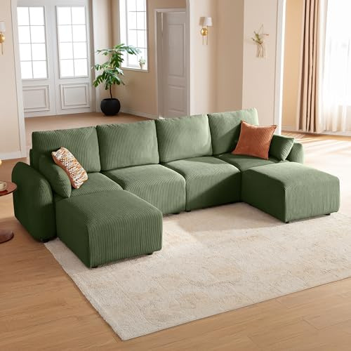 JINOVIA Modulares Wohnlandschaft Ecksofa 324cm, modernes Cord-Schlafsofa in U-Form mit Hocker, individuell konfigurierbare Couch, hochdichter Memory-Schaum, abnehmbare & waschbare Kissenbezüge, Grün