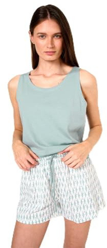 TRAMAS+ Pijama Mujer Verano de Algodón, Conjunto Camiseta Tirantes y Pantalón Corto con Cintura Ajustable, Set Corto de Algodón Estampado, Cómodo, Fresco y Elegante - XL, Noruega, Azul