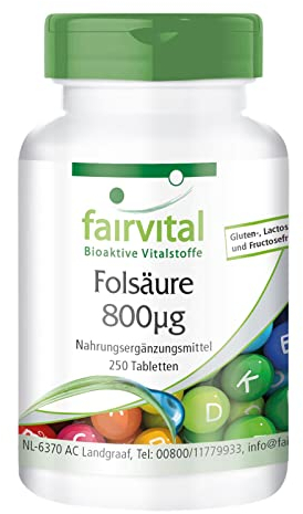 Fairvital | Ácido fólico 800µg - Vitamina B9 VEGANA - Dosis elevada - Suministro para +8 meses - Calidad Alemana