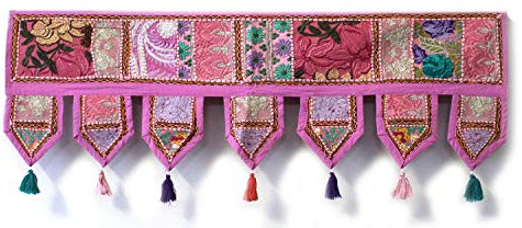 ICC valances for windows Toran Cotton Vintage Patchwork Door Hanging Valance Window Hand Embroidered Bohemian Decor Living Room Wall bedroom living room Home Handmade Decorations Pink 42 Inches