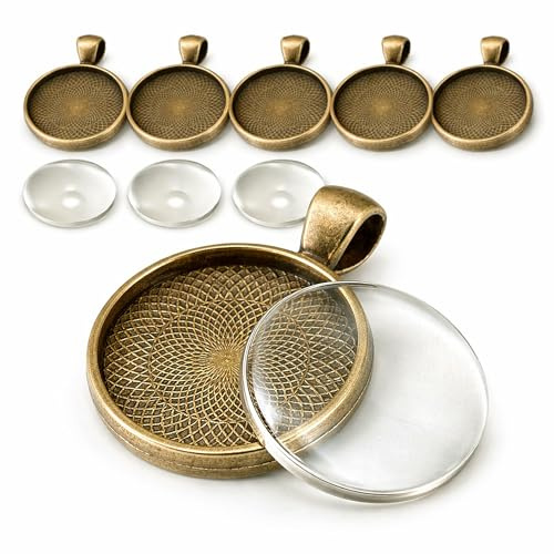 Perlin Cabochon Anhänger Set 20 mm Bronze 6 Stück Metall Fassungen mit Glas Cabochons Schmuck Basteln DIY Kettenanhänger Rohlinge Medaillon Rund
