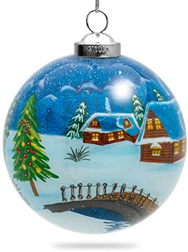 SIKORA K08-77 Winterdorf Glaskugel Weihnachtskugel Innenglasmalerei D: 7,5 cm