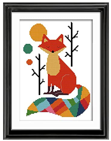 Pinsheng Kit per Punto Croce, DIY Kit per Ricamo a Mano 28X38cm 11CT Timbrato Volpe Colorata, per Principianti Adulti Bambini Decorazioni per la Casa