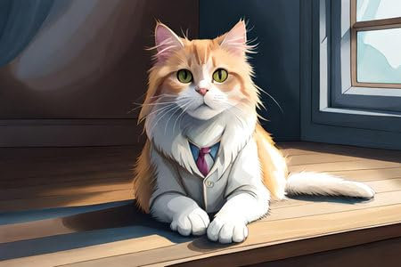 adrium Holz-Bild 120 x 80 cm: Pastellkatze in einem Haus in der Nähe des Fensters auf einem Holztisch. künstlerische digitale Illustration. ai erzeugt (204896659)