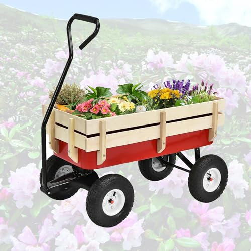 VoOqo Carro de Jardín, Carro de Jardín de Madera con Mango Ajustable y Ruedas Neumáticas, Carro de Arrastre Remolque para Niños, Carga de 100 KG para Playa, Compras, Jardín, Festival y Camping
