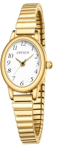 CNYXCN Gold Watches for Women, Easy Reading Analog Watch with Stainless Steel Expansion Band, Water Resistant(5.90in-6.69in)