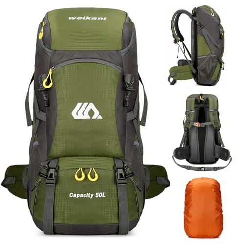 DEARBAG Trekking Ryggsäck Män 50 L Resa Ryggsäck Kvinnor Stor Vattentät Vandring Ryggsäckar med Regnskydd för Cykling Vandring Camping Bergsklättring Utomhussporter, Armégrön, L