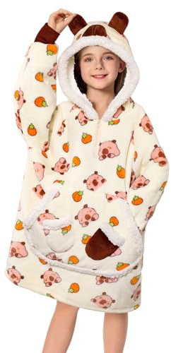 OLAOLA Unisexe Sweat à Capuche Couverture Surdimensionnée pour Enfants, Pull Plaid à Capuche en Polaire Sherpa avec Manches et Poches, Sweat Plaid Doux et Chaud pour Garçons Filles (Capybara)