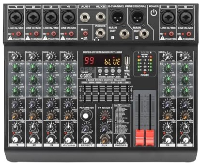 6 Channel Mixing Console 99 Effect 7 Band EQ Sound Audio Mixer USB PC Record Bluetooth AUX DJ Controller Table