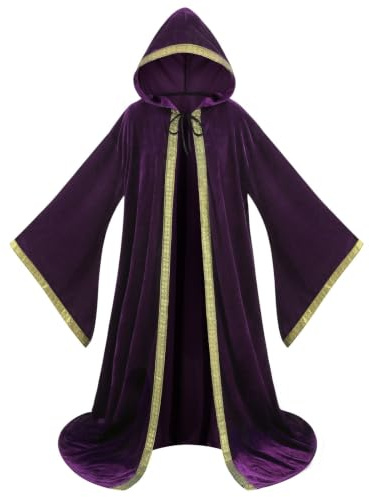 Manteau Mystérieux Renaissance Halloween, Velours Hollandais, Robe de Magicien Déguisé Bal et Saint Patrick Costume de Magicien Manches évasées Chevalier Médiéval Cape à Capuche(Violet 160CM)