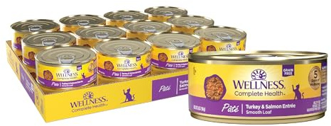 Wellness Complete Health Pate Adult Canned Wet Cat Food, Natural, Protein Rich, Grain Free, Turkey and Salmon Entrée Recipe, 5.5 oz, Pack of 24 Cans
