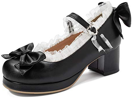 KISSASA Womens Cute Platform Shoes Chunky Mary Jane Heels Bow Court Shoes Size 5UK,Black