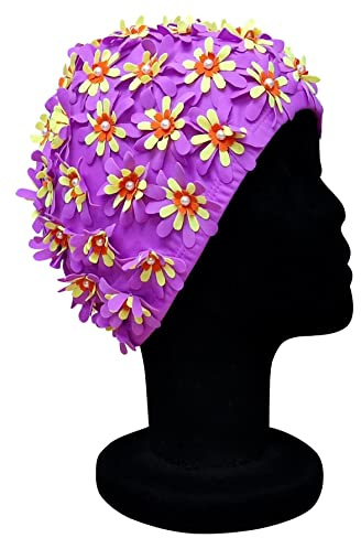 CHEX Dam ros elastisk badmössa dekorerad flerfärgad blommig detaljer retro stil badmössa en storlek vuxna mjuk och lätt dra på (Lilac)