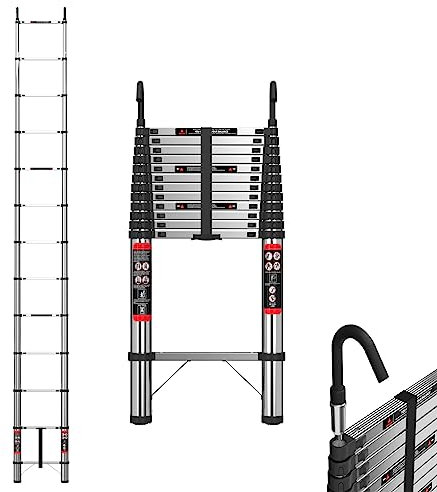 Telescopic Ladder 5M/16.4FT Stainless Steel Extension Ladder with Detachable Hooks, Multi Purpose Telescoping Loft Ladder Portable Folding Ladder, 12 Steps, Max Load 150kg