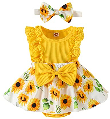 ESSECMBS Baby Mädchen Sommer 2 Stück Strampler Kleid Anzug Spitze Rüschenärmel All-in-One Blumendruck Body Kleid mit Stirnband Neugeborenes Strampelanzug (Gelb, 12-18 Monate)