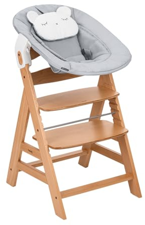 hauck Chaise Haute Bébé Evolutive en Bois Alpha Newborn Set Pre – dès la Naissance, Jusqu’à 90 Kg, Harnais 5 Points, Arceau de Sécurité et Réducteur Nouveau-Né, Naturel Gris